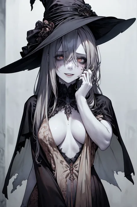 (Masterpiece: 1.2, top quality), (live action, exquisite details), (anatomically correct), (one beautiful woman, ) witch, black robe, black pointy hat, crazy look, crazy smile, bewitching, sensual, sexy, real breasts, full body, pale skin, morbid, crazy ey...