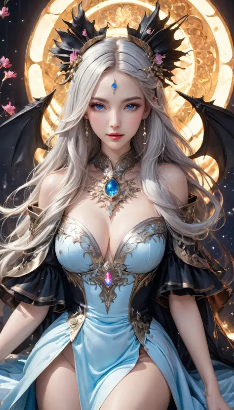 8K resolution, masterpiece, Highest quality, Award-winning works, unrealistic, From above, erotic, sole sexy lady, healthy shaped body, 22 years old, black mage, 165cm tall, huge firm bouncing busts,, white silver long wavy hair, Detailed facial depictions...