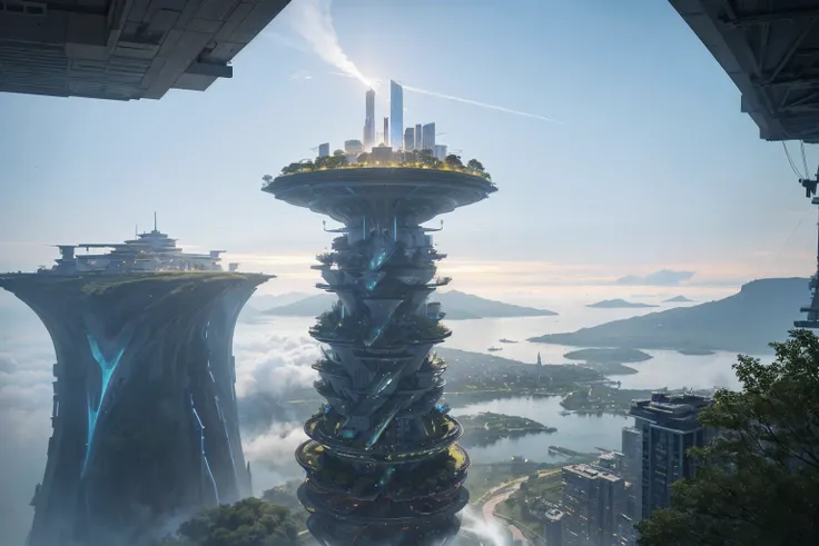 (Best quality,4K,8K,A high resolution,Masterpiece:1.2),Ultra-detailed,(Realistic,Photorealistic,photo-realistic:1.37),Futuristic floating city,Futuristic technology,Huge urban high-tech tablet platform,Airship,Floating in the sky,Futuristic city,Small airs...