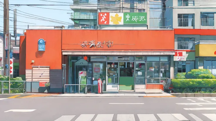 (masterpiece:1.2), best quality, 1-point perspective, detailed illustration, Yotsugi neighborhood, Tokyo, realistic, shopping district, convenience store, residential area, apartment buildings, modern Japanese architecture, clear kanji and hiragana signs, ...