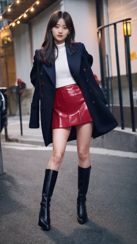 outdoor,girl wearing elegant dark red long coat,navy knit tops and houndtooth patterned mini skirt,pumps and black color ankle socks,fullbody standing street photo,confident face,shiny long hair,idol Instagram photo.skincolor pantyhose,wearing black leathe...