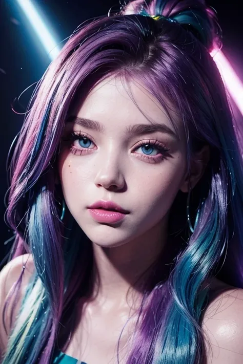 young woman, with long purple hair with blue and green tints, pink eyes, look at the viewer, blue skin, pink, and yellow glitter...