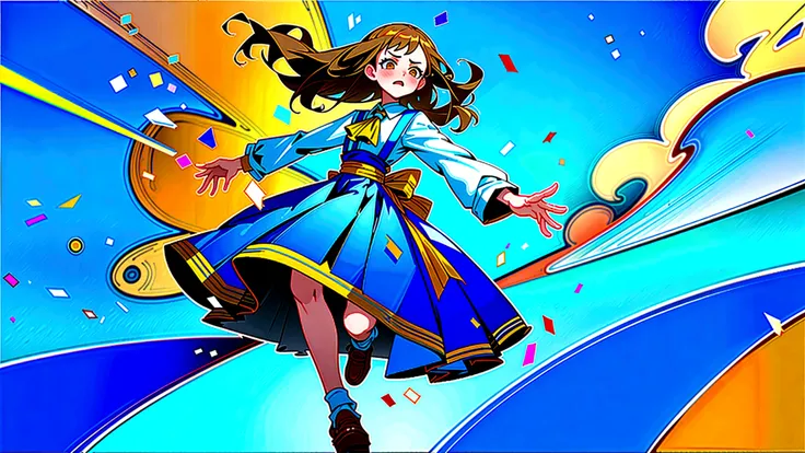 ((Highest quality)), ((masterpiece)), ((Very detailed)),Floating Girl,Angry expression，Confetti，Brown Hair,tears,Blue sky background,Feet in the air,tears,Long skirt,loafers,Raise both hands,falling girl,hold hands