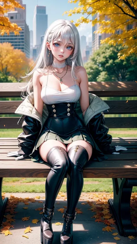 ultra quality, young woman, high, bright skin, White hair,t-shirt,strappy, slim, topic, skirt,Delete,coat,thigh high boots,pins,lacing,Platform,Brown boots,green eyes, Autumn, bracelets, park, Height,piquancy,Exquisitely,put on,long gloves,open shoulders,n...