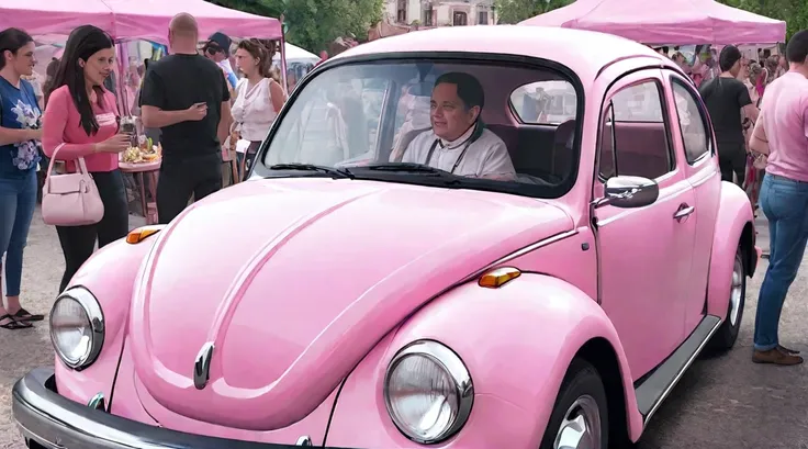 several people ride in a pink Beetle with an adapted barbecue in the front of the car, a man sitting next to the barbecue and a girl in a hat next to the pink Beetle, festival, by Silvia Pelissero, by Matteo Pérez, by Judith Gutierrez, description , olivia...