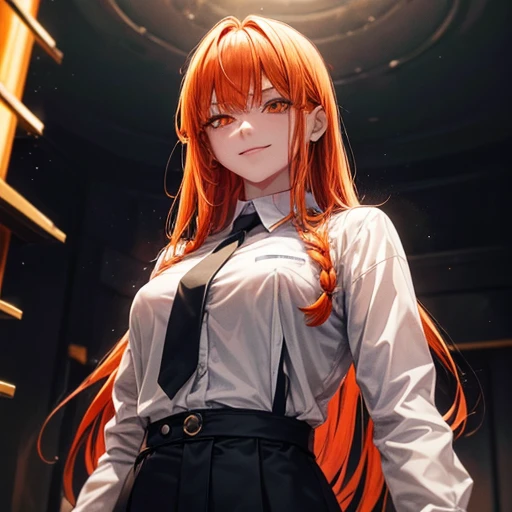 hand (Chainsaw Man), Highest quality, Super detailed, One girl, alone, Are standing, Redhead, Long braided hair, Golden Eyes, bangs, Medium chest, White shirt, tie, stare, smile, (evil:1.2), View your viewers, (interview:1.3), (Dark Background), From below...