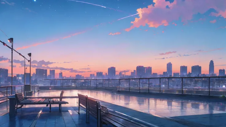 (masterpiece:1.2), best quality, Yotsugi Station Tokyo Japan, scenery, no humans, night, sky, cityscape, reflection, city, building, star (sky), skyscraper, outdoors, night sky, city lights, skyline, water, starry sky, lamppost, bench, reflective water, br...