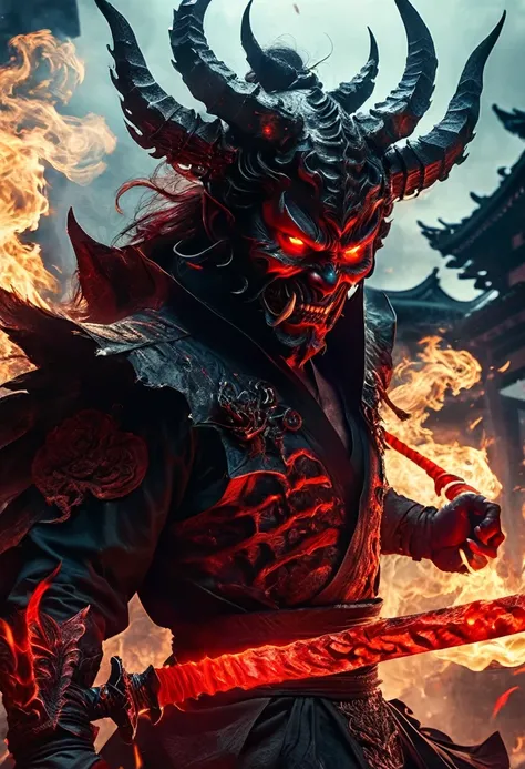 Highest quality,Super detailed,(Realistic:1.37),An elaborate red devil with glowing eyes and sharp teeth,Ominous atmosphere,Traditional Japanese demon mask,Dark and spooky background,Menacing look,Ominous Shadow,Paying close attention to facial details,Tra...