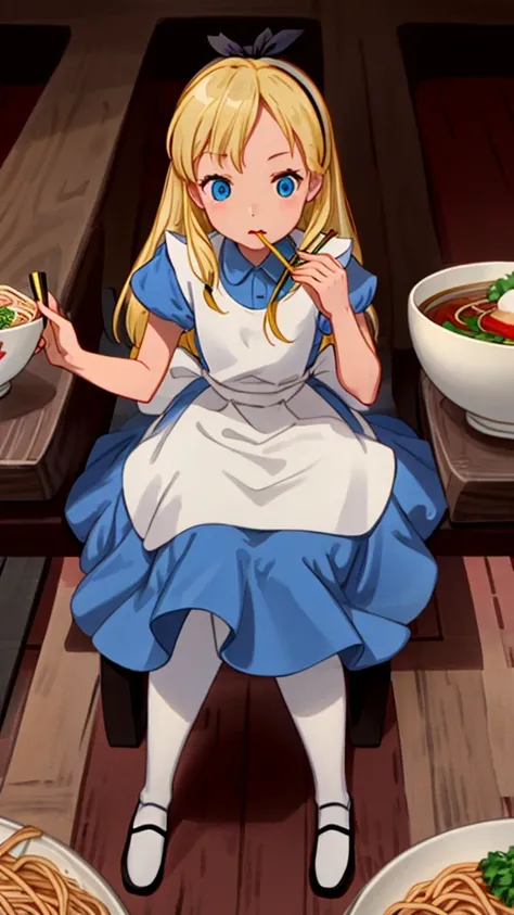 (masterpiece), (best quality), (extremely detailed), alice liddell, Sitting、Close-up of face、Bust up images、blue dress, white apron, black hairband, white long socks, Japan canteen、Alice sitting in a chair、Zaru soba noodles on the table、Alice with a bowl、E...