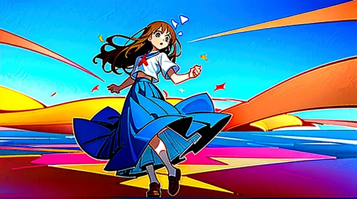 ((Highest quality)), ((masterpiece)), ((Very detailed)),Floating Girl,Angry expression，Confetti，Brown Hair,tears,Blue sky background,Feet in the air,tears,Long skirt,loafers,Raise both hands,falling girl,hold hands