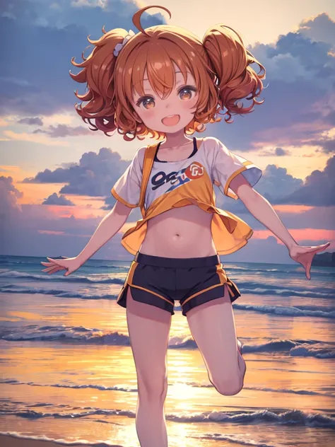 One cheerful girl、7 years old、Orange short hair、((Curly Hair、Bouncy hair、Ahoge))、Small side ponytail、White short sleeve shirt、belly button、Shorts、Upper Body、Running on the beach、horizontal line、Sunset、laughing、Open your mouth、