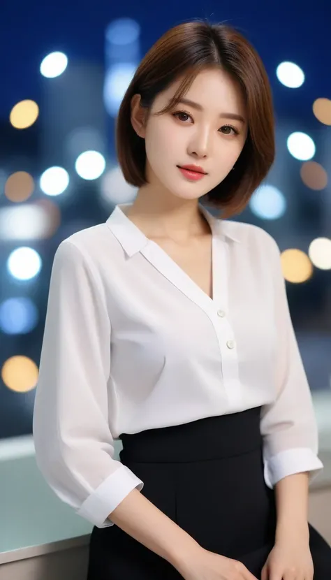 Close up of beautiful Korean woman, Chest size 34 inches, Wear a long-sleeved shirt, skirt, in the office,  bokeh background, night,  short hairUHD