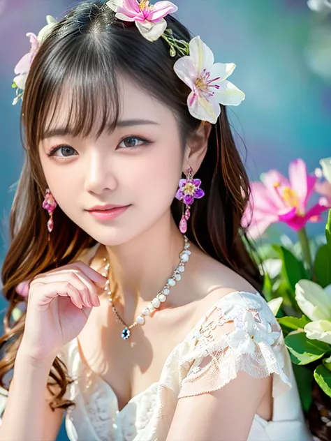 4K Ultra HD, masterpiece,Elegant and dynamic portrait，Stunningly beautiful girl, 16-year-old girl、Small breasts, Long Hair, girl, Nice face, Fine grain, Detailed lips, Flower fairy girl, , Neon Light, Galaxy Background,Floral Dress, Magenta Dress, In heave...