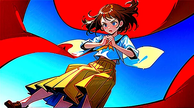 ((Highest quality)), ((masterpiece)), ((Very detailed)),Floating Girl,Angry expression，Confetti，Brown Hair,tears,Blue sky background,Feet in the air,tears,Long skirt,loafers,Raise both hands,falling girl,hold hands