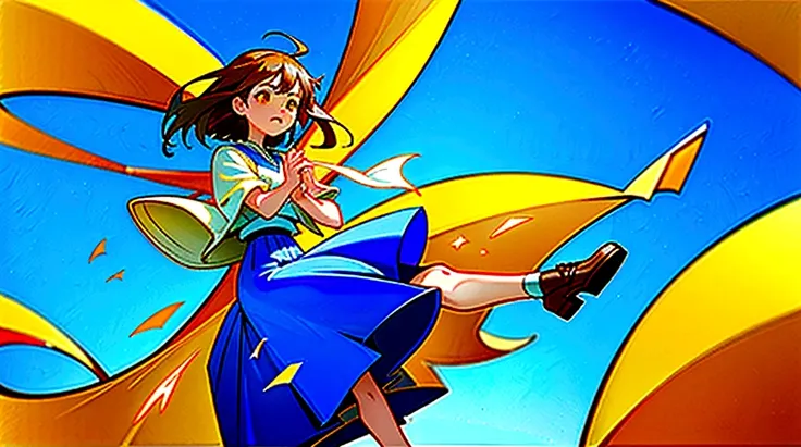 ((Highest quality)), ((masterpiece)), ((Very detailed)),Floating Girl,Angry expression，Confetti，Brown Hair,tears,Blue sky background,Feet in the air,tears,Long skirt,loafers,Raise both hands,falling girl,hold hands