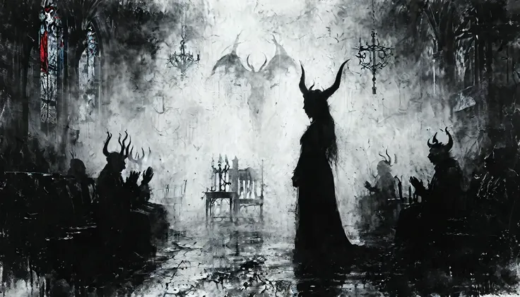 a painting of a holy succubus with horns, in prayer with upraised hands, gloves, vampire the masquerade bloodlines, incredible art, gloomy background, nimbus, church ragged vestments, darksketch, minimalism