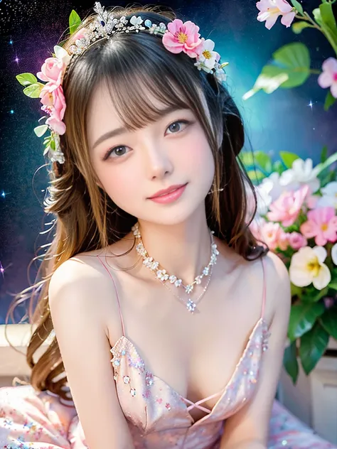 4K Ultra HD, masterpiece,Elegant and dynamic portrait，Stunningly beautiful girl, 16-year-old girl、Small breasts, Long Hair, girl, Nice face, Fine grain, Detailed lips, Flower fairy girl, , Neon Light, Galaxy Background,Floral Dress, Magenta Dress, In heave...