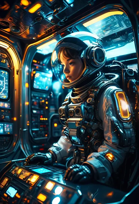 a futuristic astronaut in a space capsule, control panel, high-tech interior, metal and glass materials, atmospheric lighting, dramatic cinematic composition, intricate details, photorealistic, concept art style