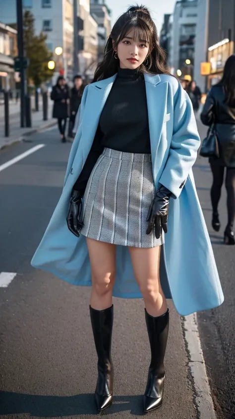 outdoor,girl wearing elegant light blue long coat,knit tops and houndtooth patterned mini skirt,pumps and black color ankle socks,fullbody standing street photo,confident face,shiny long hair,idol Instagram photo.skincolor pantyhose,wearing black leather g...