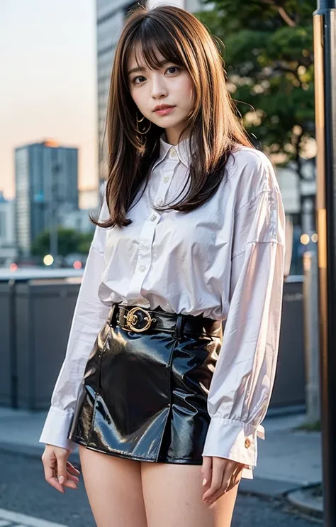 A light brown haired woman with an elegant hairstyle and blue eyes、Standing confidently in the busy street of a city at night。She is wearing a stylish summer knit top and short skirt that accentuates her curves.、Wearing a high quality leather belt。Skyscrap...