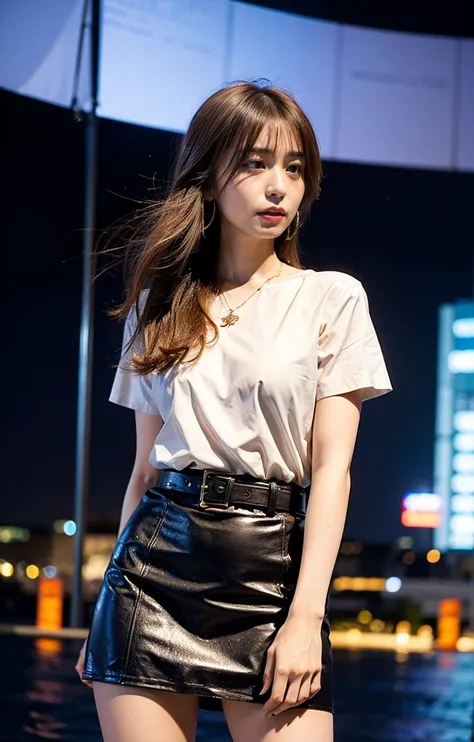 A light brown haired woman with an elegant hairstyle and blue eyes、Standing confidently in the busy street of a city at night。She is wearing a stylish summer knit top and short skirt that accentuates her curves.、Wearing a high quality leather belt。Skyscrap...