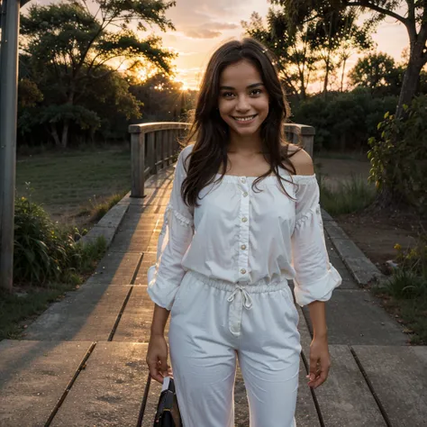 A bridge at sunset ,light and innocent smile, full body. 