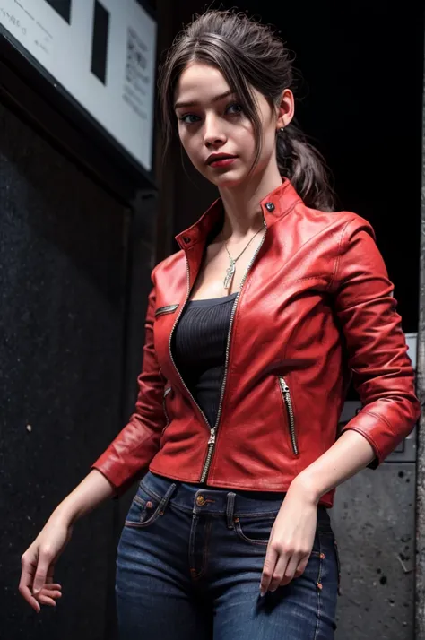 1girl, (realistic),(hyperrealism),(best quality),(masterpiece),(ultra high res),(photorealistic),idol,eye makeup,detailed eyes,detailed face,black dress, posing for a photo, black background, claireredfield2, brown hair, (red jacket:1.2), ponytail, (denim ...