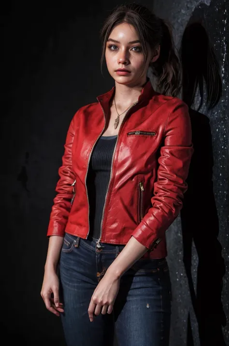 1girl, (realistic),(hyperrealism),(best quality),(masterpiece),(ultra high res),(photorealistic),idol,eye makeup,detailed eyes,detailed face,black dress, posing for a photo, black background, claireredfield2, brown hair, (red jacket:1.2), ponytail, (denim ...