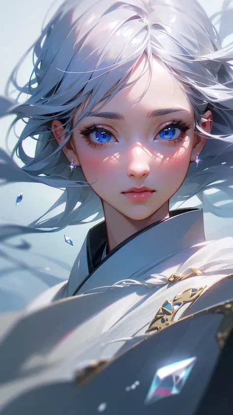 1girl, beautiful detailed eyes, beautiful detailed lips, extremely detailed eyes and face, long eyelashes, elegant japanese kimono, crystal formations, floating particles, ethereal, delicate, soft focus, unreachable, (best quality,4k,8k,highres,masterpiece...