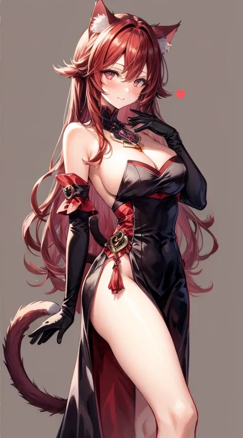 1girl, animal_ears, solo, long_hair, breasts, tail, black_hair, dress, cat_ears, red_eyes, cat_tail, looking_at_viewer, black_dress, large_breasts, naked_boobes, simple_background, bangs, cat_girl, bare_shoulders, closed_mouth, strapless_dress, detached_sl...