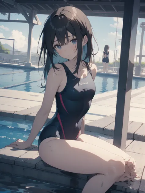 ultra-Top-quality by art God, ultra-detailed, high resolution, shinkai makoto style, anime moe artstyle, best anime 8k konachan wallpaper, pixiv contest winner, perfect anatomy, break,(Please draw a picture of a girl in a swimsuit sitting on a bench by the...