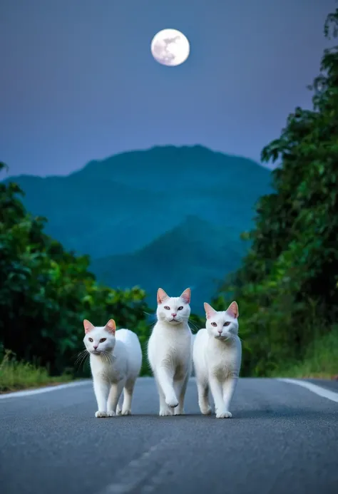 two white cat, walking, on the road, with moon light, with mountain and forest background