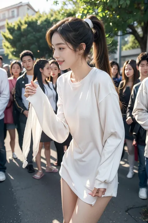 (((best quality))),(((ultra detailed))),(((masterpiece))),illustration,((1 beautiful girl,solo)),((slim,thin)),((small breasts,flat chest)), outside school gate, summer twilight, sunlight,(short ponytail:1.3),claviclies,((crisp white long-sleeved shirt)),d...