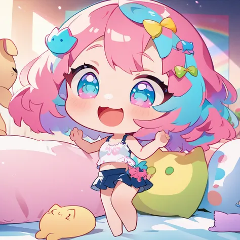 masterpiece、Highest quality、Depth of subject、((2D illustration))、1 beautiful girl、((colorful))、(((chibi style)))、((Long, beautiful hair))、Bright pink hair、ribbon、cute、Beautifully detailed eyes、Tank top、((mini skirt))、(((vivid color))、((bed))、stuffed toy、((...