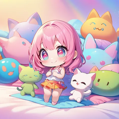 masterpiece、Highest quality、Depth of subject、((2D illustration))、1 beautiful girl、((colorful))、(((chibi style)))、((Long, beautiful hair))、Bright pink hair、ribbon、cute、Beautifully detailed eyes、Tank top、((mini skirt))、(((vivid color))、((bed))、stuffed toy、((...