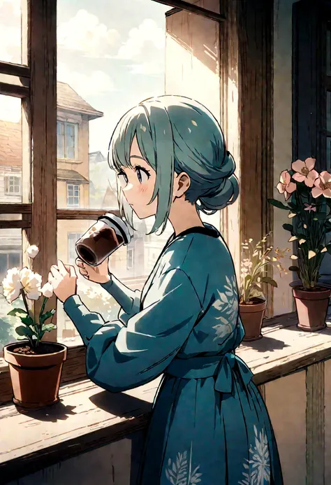 Masterpiece,Best Quality,Masterpiece,Best Quality,Official Art,Extremely detailed CG unity 8k wallpaper,Light retro color,rice print style,illustration,beautiful,1 girl,flores,windowsill,flowerpot,Drink coffee,.