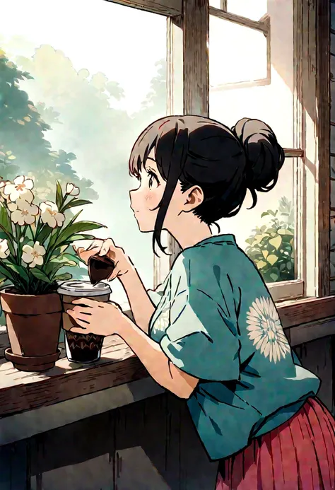 Masterpiece,Best Quality,Masterpiece,Best Quality,Official Art,Extremely detailed CG unity 8k wallpaper,Light retro color,rice print style,illustration,beautiful,1 girl,flores,windowsill,flowerpot,Drink coffee,.