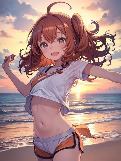 One Woman、Orange long hair、((Curly Hair、Bouncy hair、Ahoge))、Side Ponytail、White short sleeve shirt、belly button、Shorts、Upper Body、Running on the beach、horizontal line、Sunset、laughing、Open your mouth、