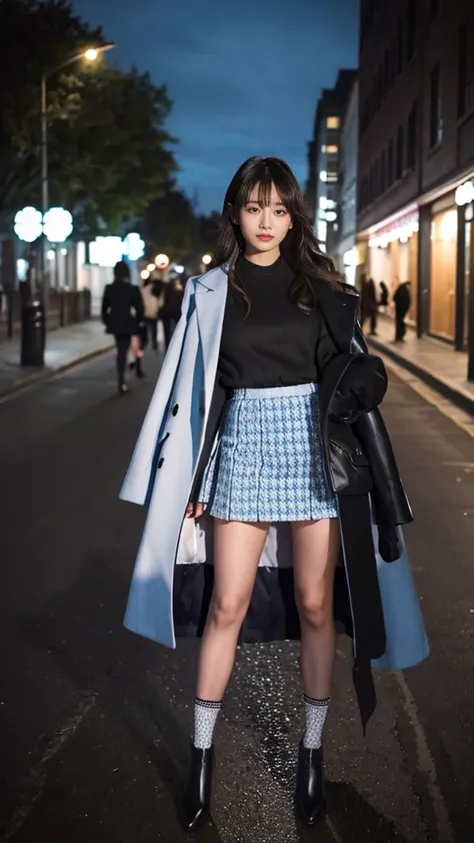 outdoor,girl wearing elegant light blue long coat,knit tops and houndtooth patterned mini skirt,pumps and black color ankle socks,fullbody standing street photo,confident face,shiny long hair,idol Instagram photo.skincolor pantyhose,wearing black leather g...