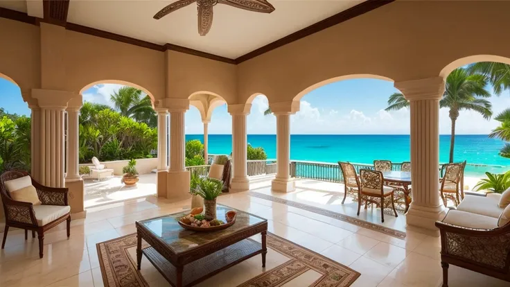 mediterranean villa with tropical sea views,clear turquoise water,white sand beach,lush palm trees,freshly bloomed tropical flow...