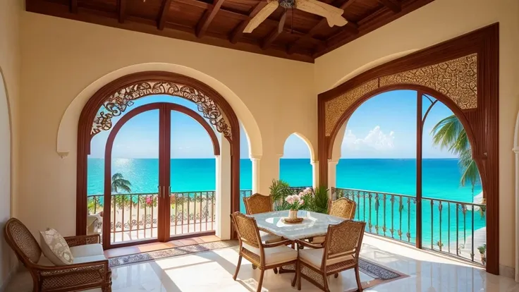 mediterranean villa with tropical sea views,clear turquoise water,white sand beach,lush palm trees,freshly bloomed tropical flow...