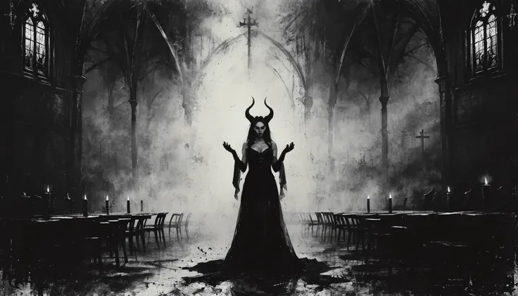 a painting of a holy succubus with horns, in prayer with upraised hands, gloves, vampire the masquerade bloodlines, incredible art, gloomy background, nimbus, church ragged vestments, darksketch, minimalism