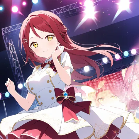 riko sakurauchi, long hair, hair ornament, (yellow eyes:1.3), red hair, hairclip,,, live stage, large breasts, formal dress smil...