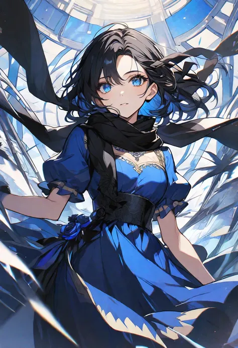 Solo, female, black hair, blue eyes, blue dress, black scarf, black rose