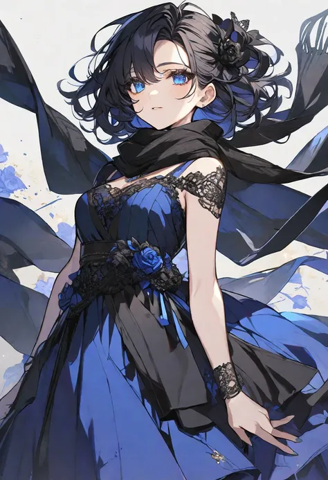 Solo, female, black hair, blue eyes, blue dress, black scarf, black rose