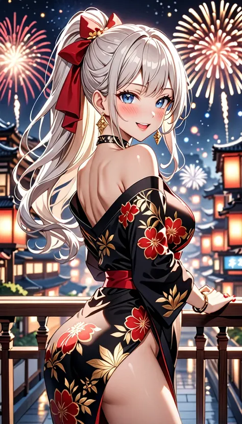 ((One personの女性)), Beautiful Face, (Laughing embarrassedly), (seductive smile:1.4), ((Wink:1.9)), (head tilt:1.3), Laugh with your mouth wide open, upper teeth, looking at viewer, ((full-face blush:1.6)),Glossy Red Lips,Night view, High terrace, firework, ...