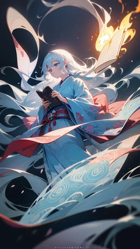 A beautiful girl, with clear silver hair styled in long, flowing waves, light blue eyes, wearing a traditional Japanese kimono with intricate floral patterns, holding a book enveloped in a mystical aura, surrounded by glowing flames, the background is a fa...