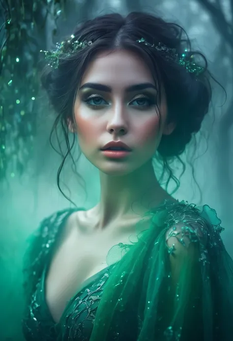 by Sady Sadness 💚 8k, fine art, dreamy background, fog, gloomy, dark fantasy. bright,  beautiful, splashes,Glittering, sweet and enchanting, delicate, edge lighting, lights, extreme, magic, surreal, fantasy, Woman