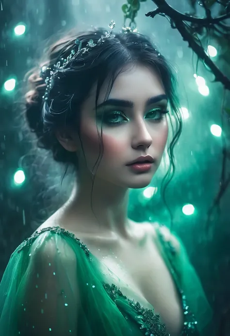 by Sady Sadness 💚 8k, fine art, dreamy background, fog, gloomy, dark fantasy. bright,  beautiful, splashes,Glittering, sweet and enchanting, delicate, edge lighting, lights, extreme, magic, surreal, fantasy, Woman