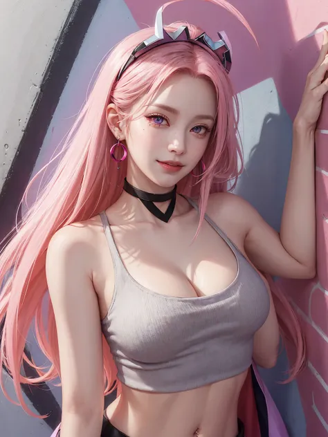 (Masterpiece, best quality, 1 girl, alone, complicated details, Chromatic aberration), realistic, ((Moderate breath)),long hair, pink hair, Red headpiece, Pink Highlights, hair on one eye,purple eyes, earring, sharp eyes, choker, Neon coat, She wears a col...